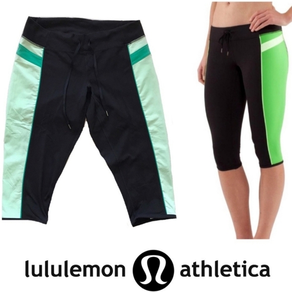 Lululemon Heat It Up Black Green Frond Crop Capri SZ 8 Athleisure Yoga Gym - Picture 1 of 6